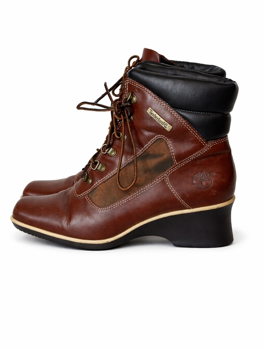 Timberland Leather Combo Lace-Up Combat Boots Brown Black Heel Ankle Boots 8.5